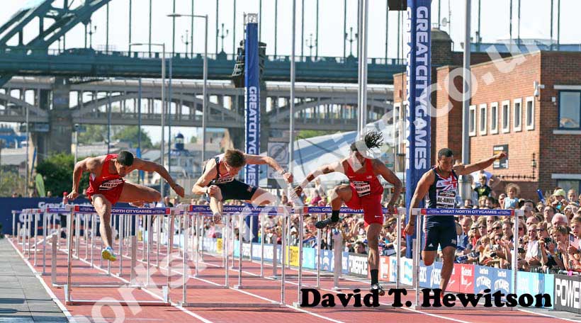 Jason Richardson (USA) wins the 110 metres hurdles from Ray Wilson (USA), Lawrence Clarke and Alex Al Ameen at the 2012 BUPA Great North CityGames.